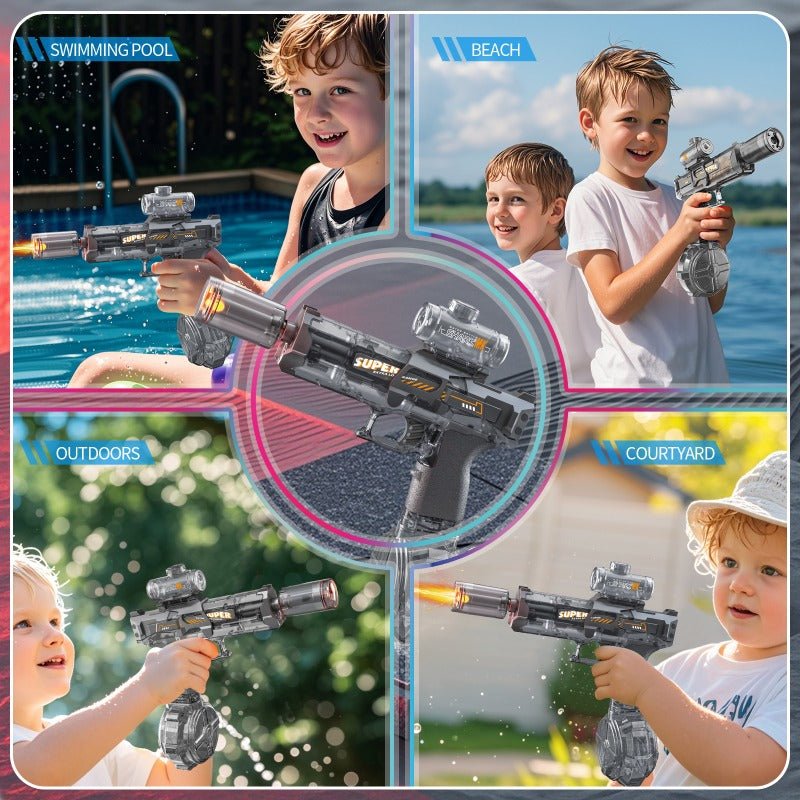 Children playing with water guns in various outdoor settings.