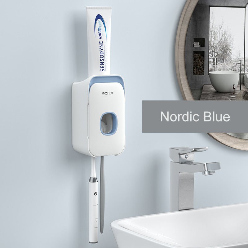 Sensodyne toothpaste tube and electric toothbrush in a bathroom setting with 'Nordic Blue' branding.