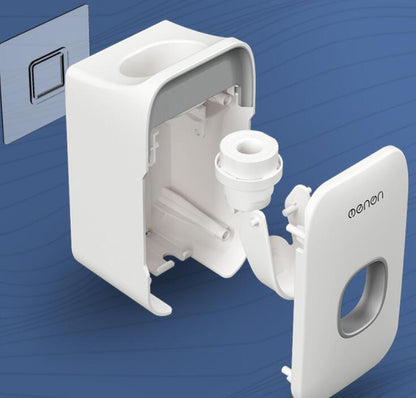 White wall-mounted device with a brand logo on a blue background