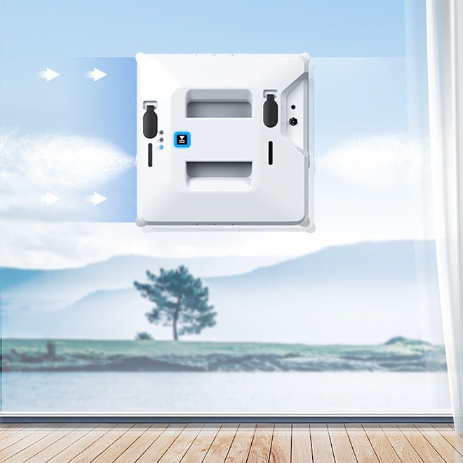White electronic device with blue label on a scenic background