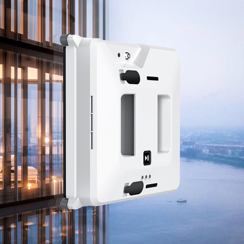 White electronic device mounted on a window with a cityscape view in the background