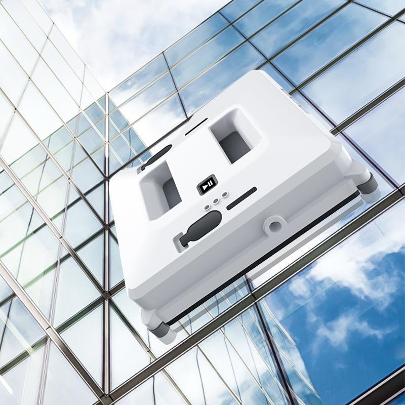 White electronic device with multiple ports against a glass building background