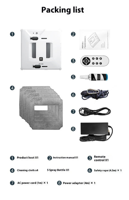 Packing list with product host, remote control, cleaning cloth, spray bottle, safety rope, power adapter, and AC power cord on a white background.