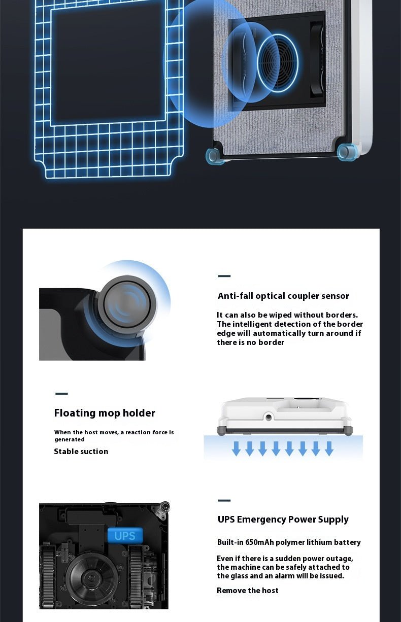 Technical diagram of a device with text explaining features like anti-fall sensor, floating map holder, and UPS emergency power supply.