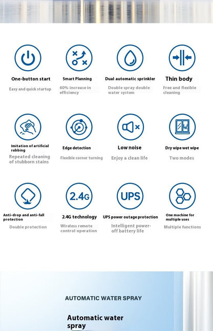 List of features of an automatic water spray system with icons and text.