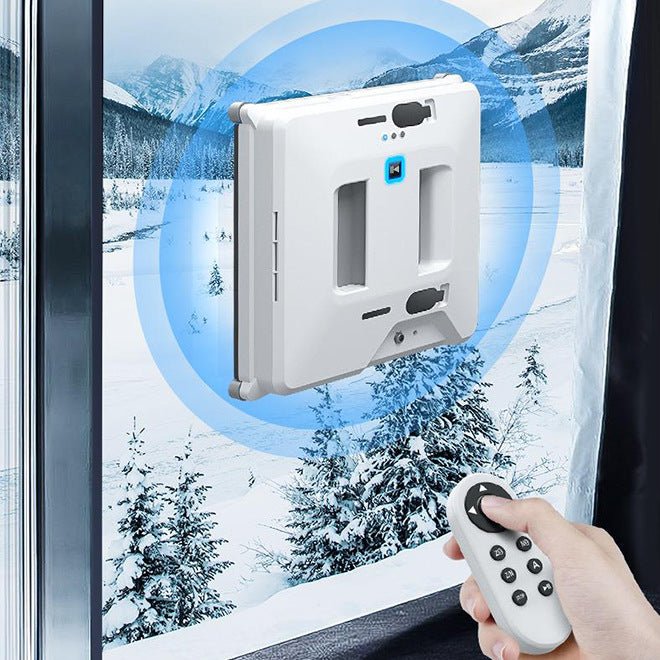 Window with a control panel and remote, snowy landscape outside