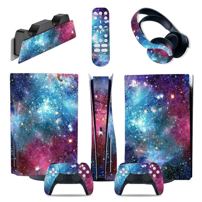 Gaming console and accessories with a galaxy-themed skin on a white background