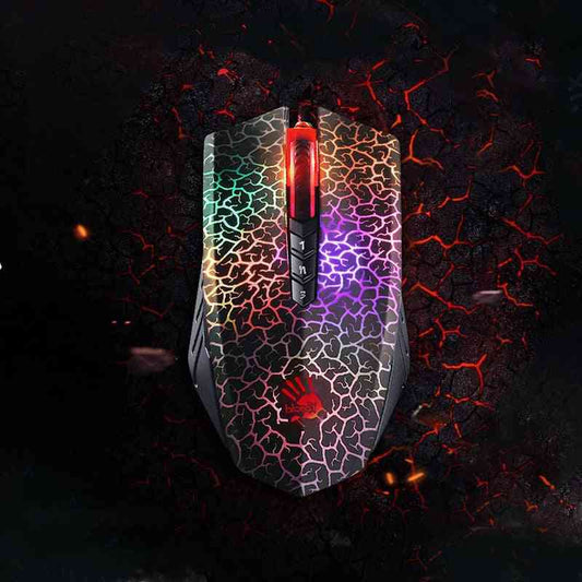 Colorful gaming mouse with a cracked surface design on a dark background
