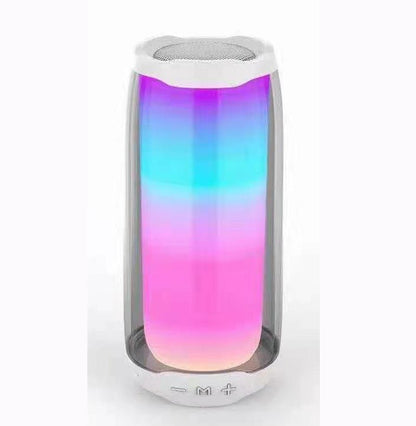 Colorful LED light show device on a white background