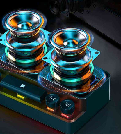 Colorful electronic device with two prominent components on a dark background