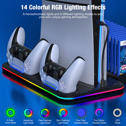 Gaming controller charging stand with RGB lighting effects on a blue background