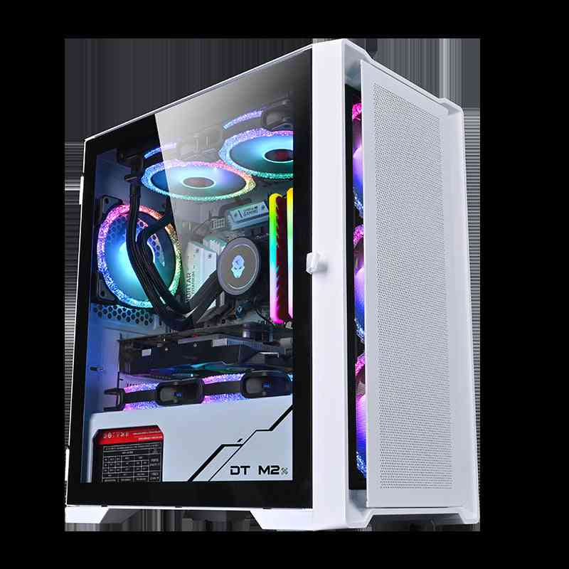 White computer case with RGB lighting and visible components on a white background