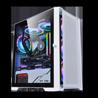 White computer case with RGB lighting and visible components on a white background