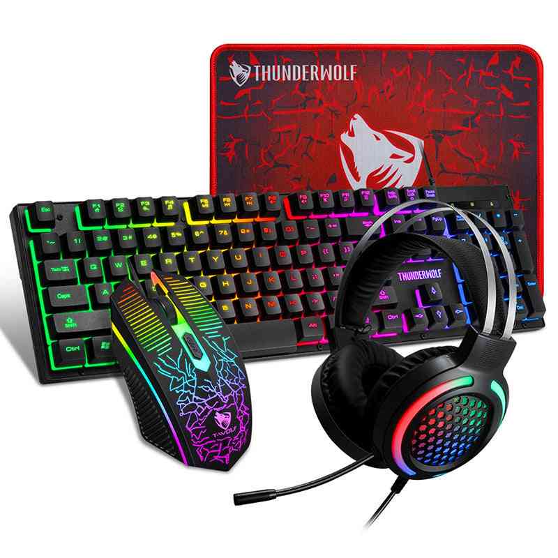 Luminous Gaming Keyboard, Mouse, and Headphone Set featuring ThunderWolf branding.