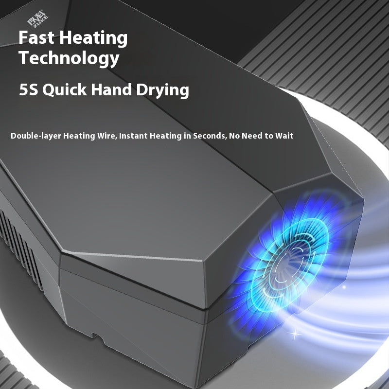 Hand dryer with blue light and text highlighting fast heating technology on a black background