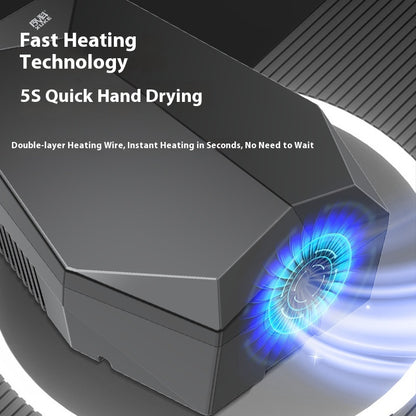 Hand dryer with blue light and text highlighting fast heating technology on a black background