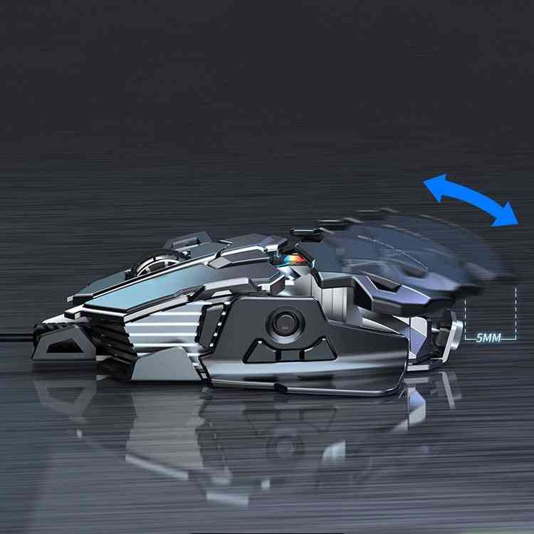 Futuristic robot toy with a blue arrow indicating movement on a dark reflective surface