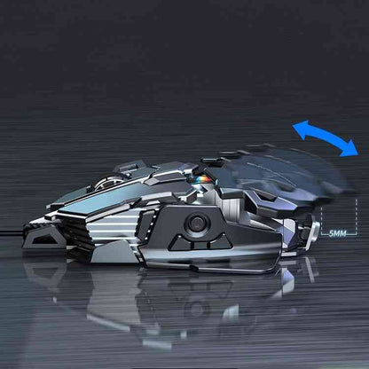 Futuristic robot toy with a blue arrow indicating movement on a dark reflective surface