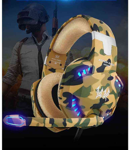 Camouflage gaming headset with LED lights on a dark background