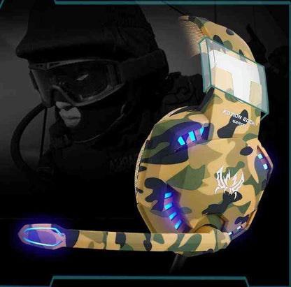 Camouflage helmet with glowing blue lights on a dark background