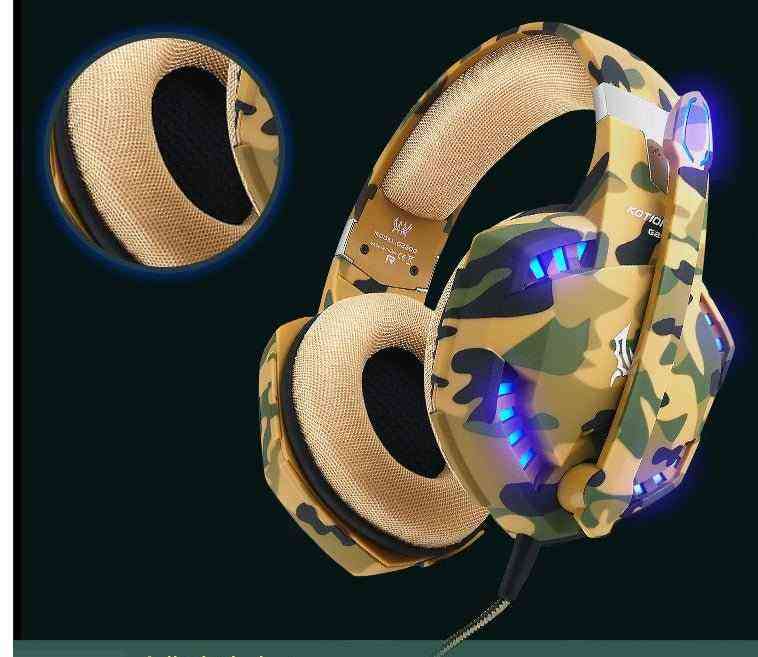 Camouflage gaming headset with LED lights on a black background