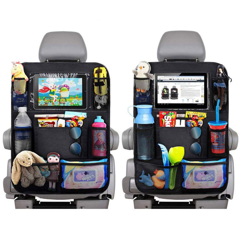 Two car seat organizers with toys, snacks, and drinks on a white background