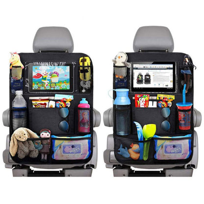 Two car seat organizers with toys, snacks, and drinks on a white background