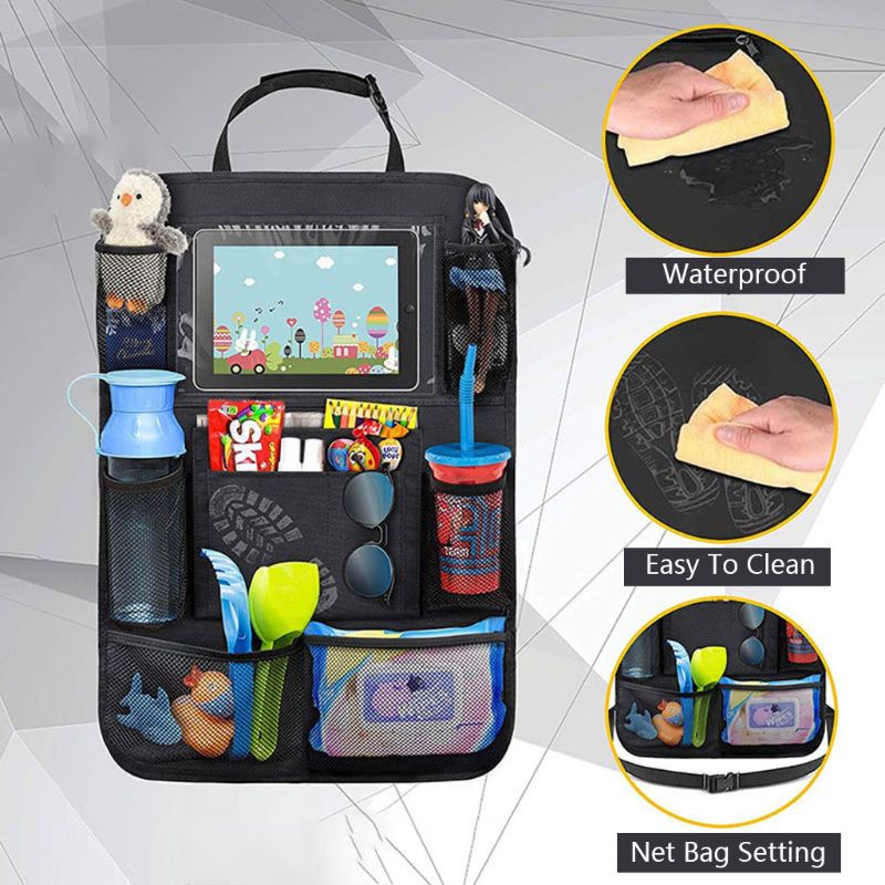 Multifunctional car organizer with various compartments and features highlighted on a gray background.