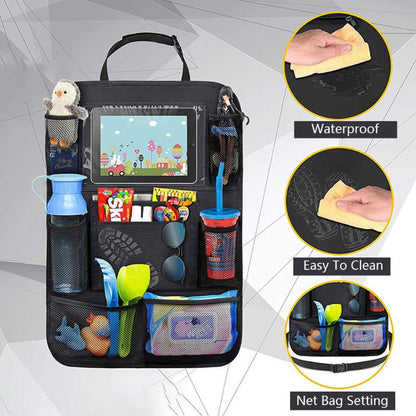 Multifunctional car organizer with various compartments and features highlighted on a gray background.