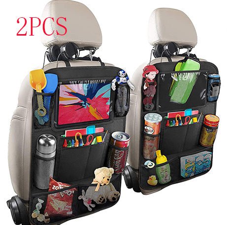 Two car seat back organizers with various items and toys on a white background.