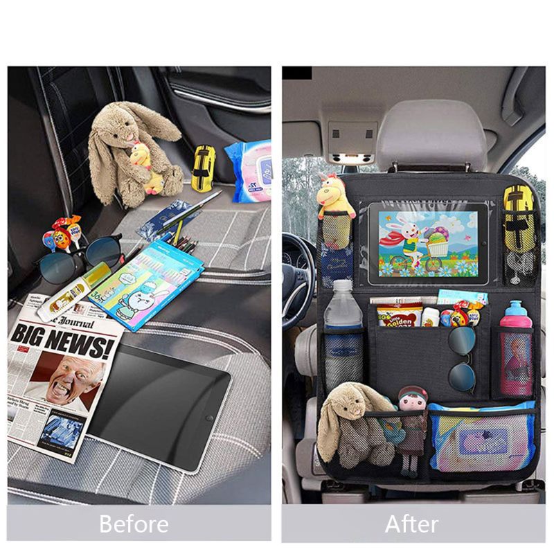 Before and after comparison of a car backseat with and without a organizer.