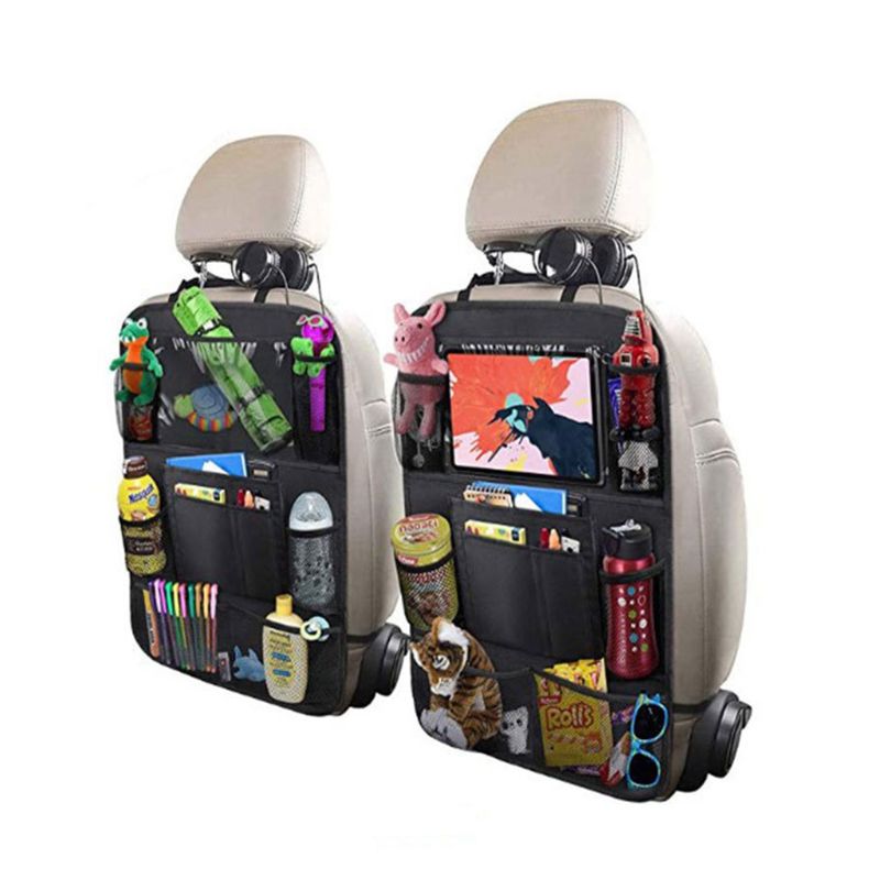 Car seat organizer with various items on a white background