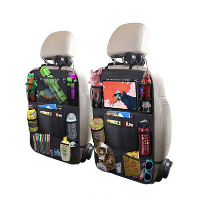 Car seat organizer with various items on a white background