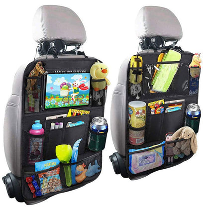 Car Seat Back Organizer with multiple pockets and compartments filled with items on a white background