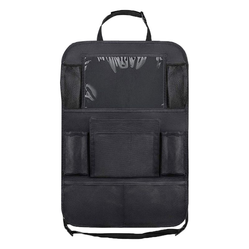 Black car seat organizer with multiple pockets on a white background