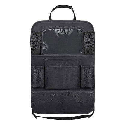 Black car seat organizer with multiple pockets on a white background