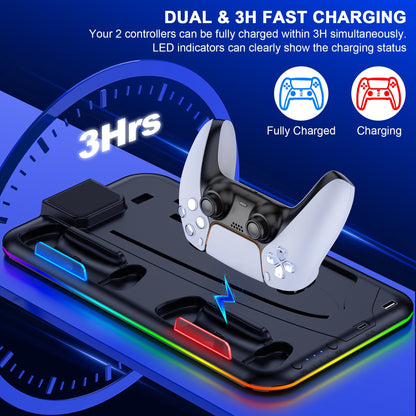 Gaming controller charging station with dual charging capability on a blue background