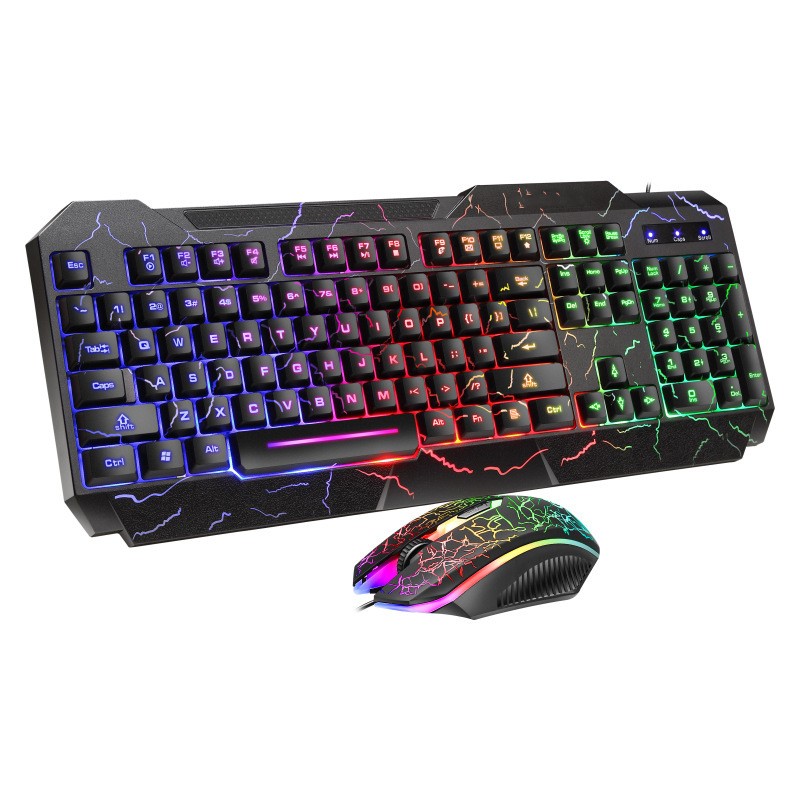 Gaming keyboard and mouse set with colorful backlighting on a white background