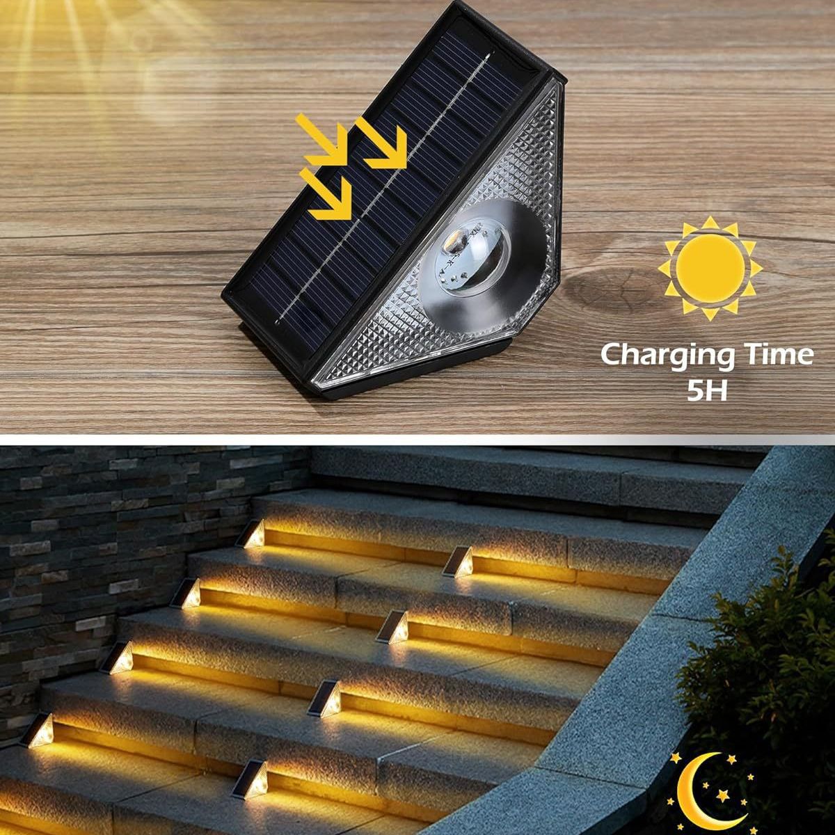 Solar-powered outdoor light with charging time indication on a wooden surface, followed by its use on steps.