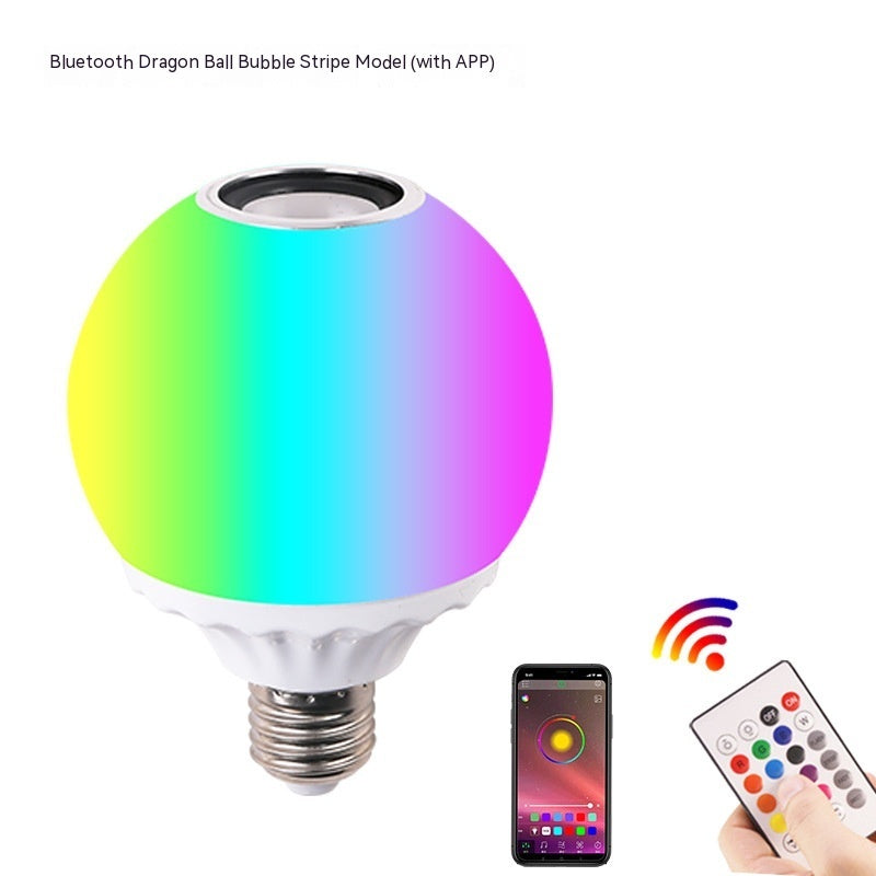 Colorful LED light bulb with Bluetooth speaker, smartphone app, and remote control on a white background.