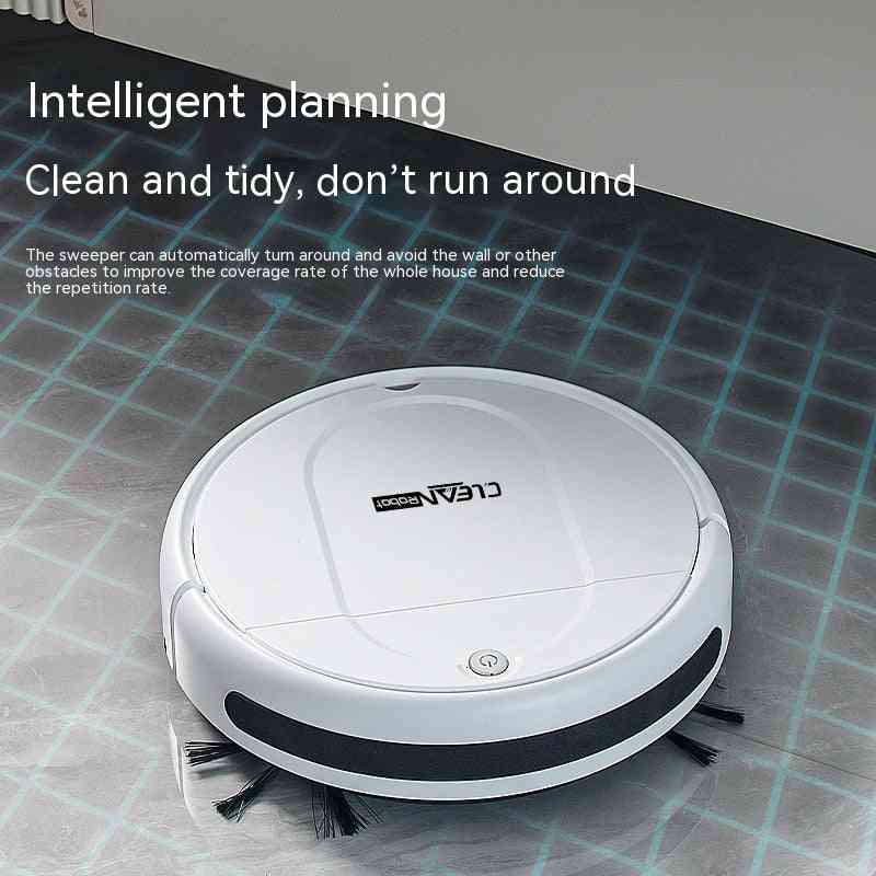 Robotic vacuum cleaner on a tiled floor with text about intelligent planning and cleaning.