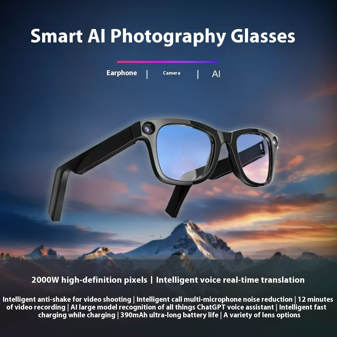 Smart AI Glasses with a mountainous landscape background