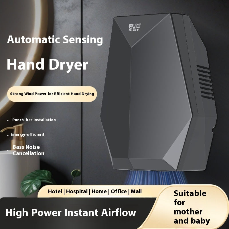Black hand dryer with text highlighting features and uses on a dark background