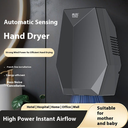 Black hand dryer with text highlighting features and uses on a dark background