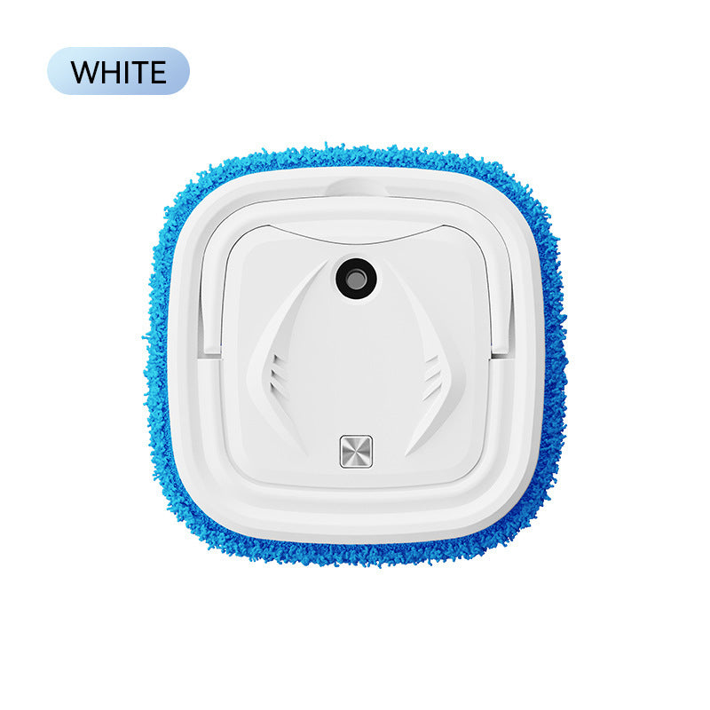 White robot vacuum cleaner with blue cleaning brush on a white background