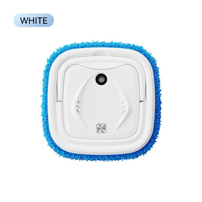 White robot vacuum cleaner with blue cleaning brush on a white background