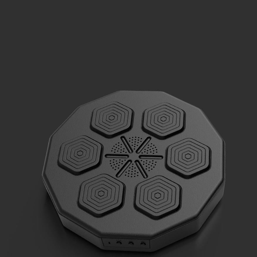 Black octagonal device with geometric patterns on a dark background