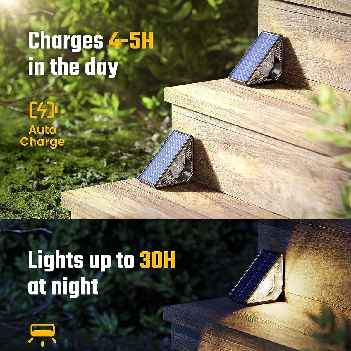 Solar-powered outdoor lights on a wooden surface with text indicating charging and lighting duration.