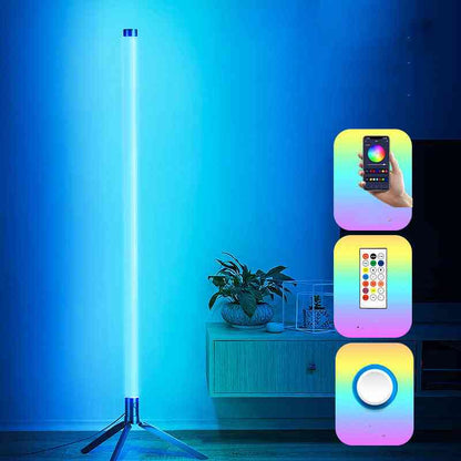 Tall LED light with RGB color options and smartphone app control on a blue background