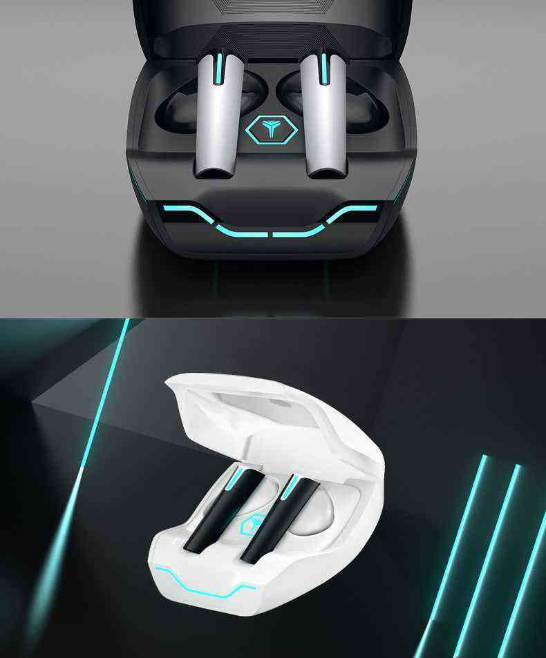 Wireless earbuds with charging cases on a dark background